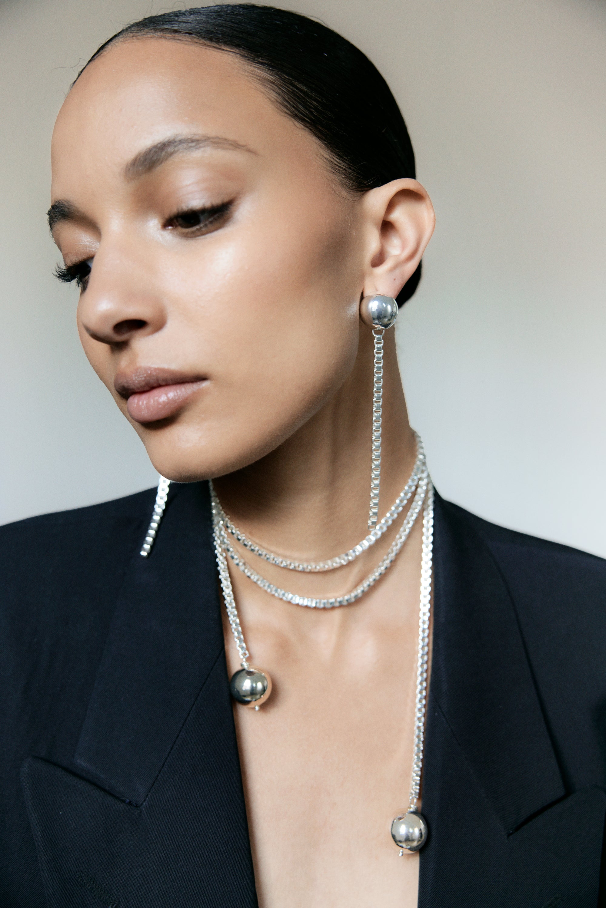 Sphere Chain Studs Silver